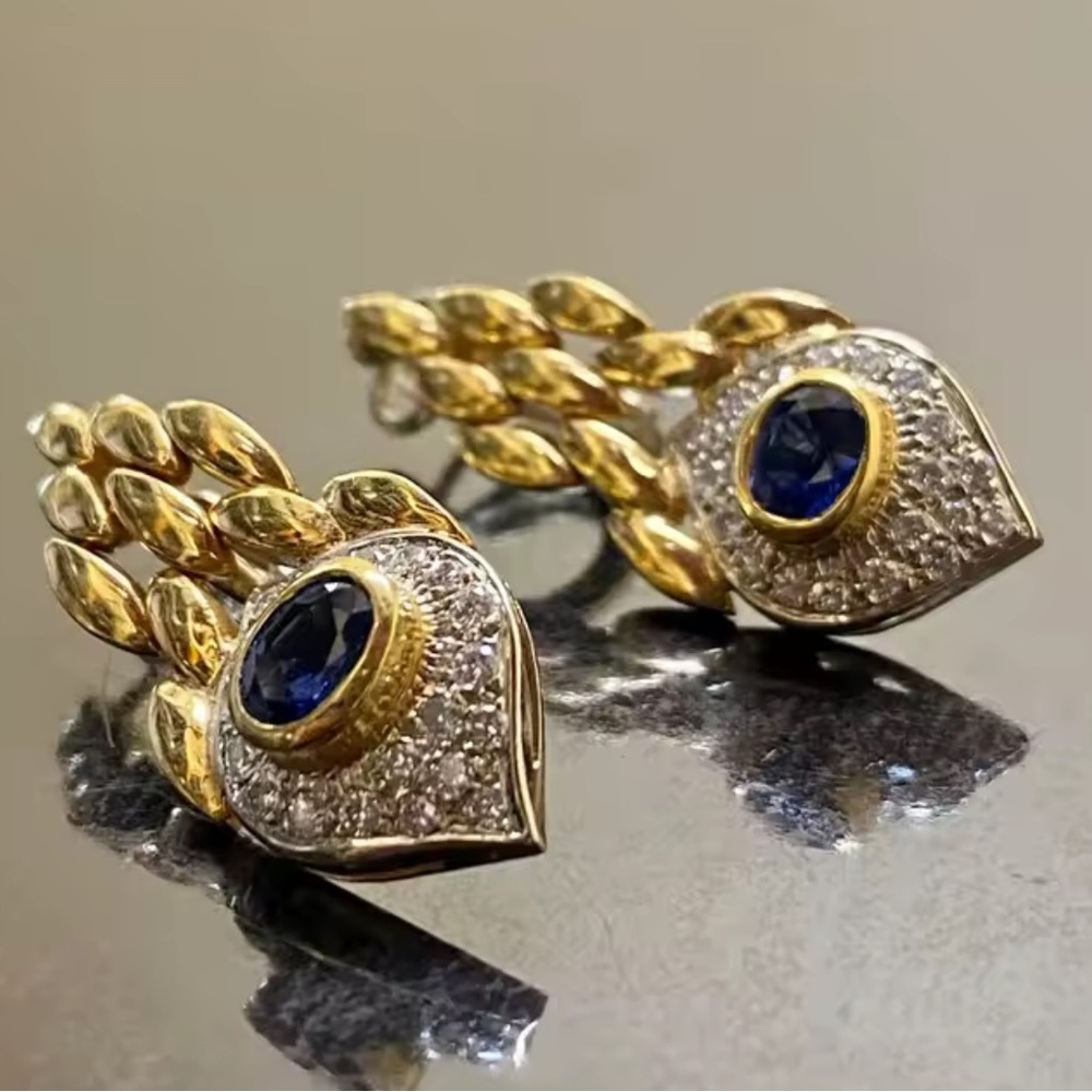 Vintage Royal Blue Sapphire Drop Gold Earrings - Picture 2 of 6